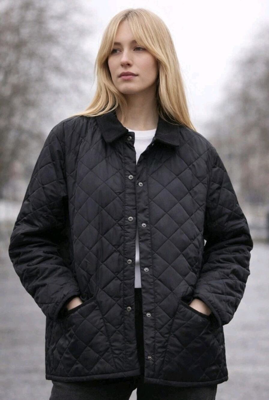 Quince Featherless Quilted Jacket Black Barn Coat Corduroy collar Large NWT